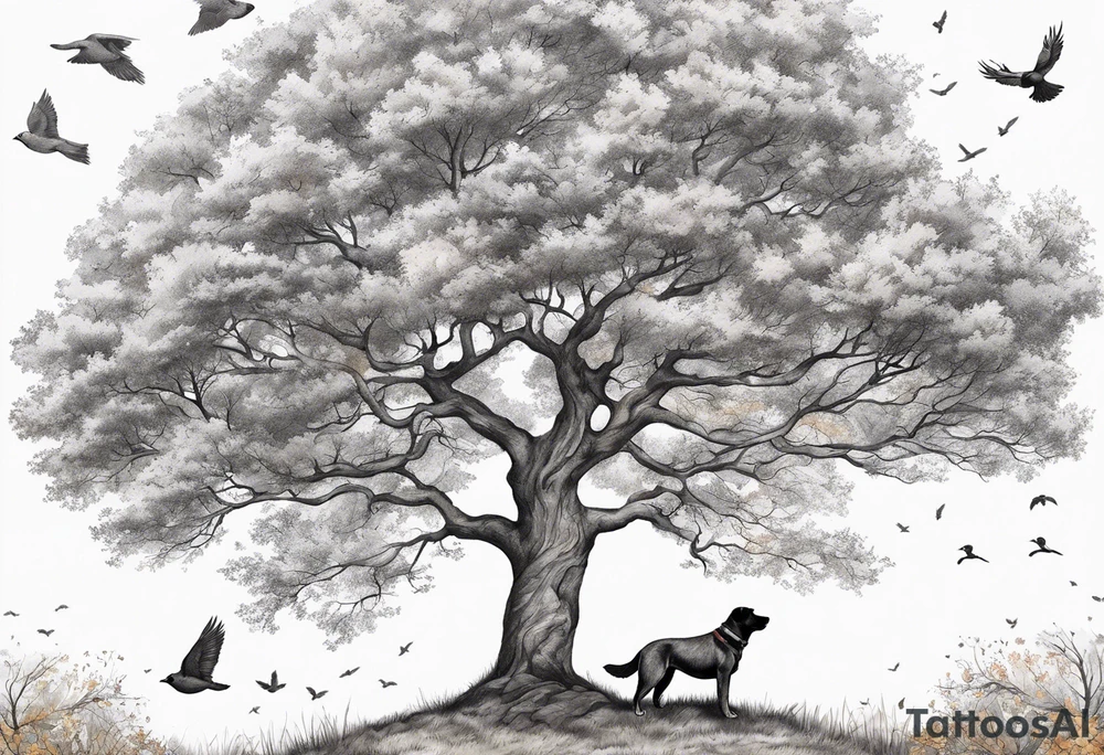 Autumn tree with a medium size grey brindle dog sitting to the right facing it looking up and birds flying from the top right of the tree far view tattoo idea