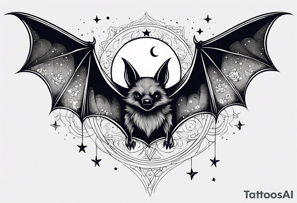 A bat wrapped in clouds and smoke with stars and sparkles and a moon tattoo idea