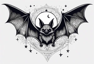 A bat wrapped in clouds and smoke with stars and sparkles and a moon tattoo idea