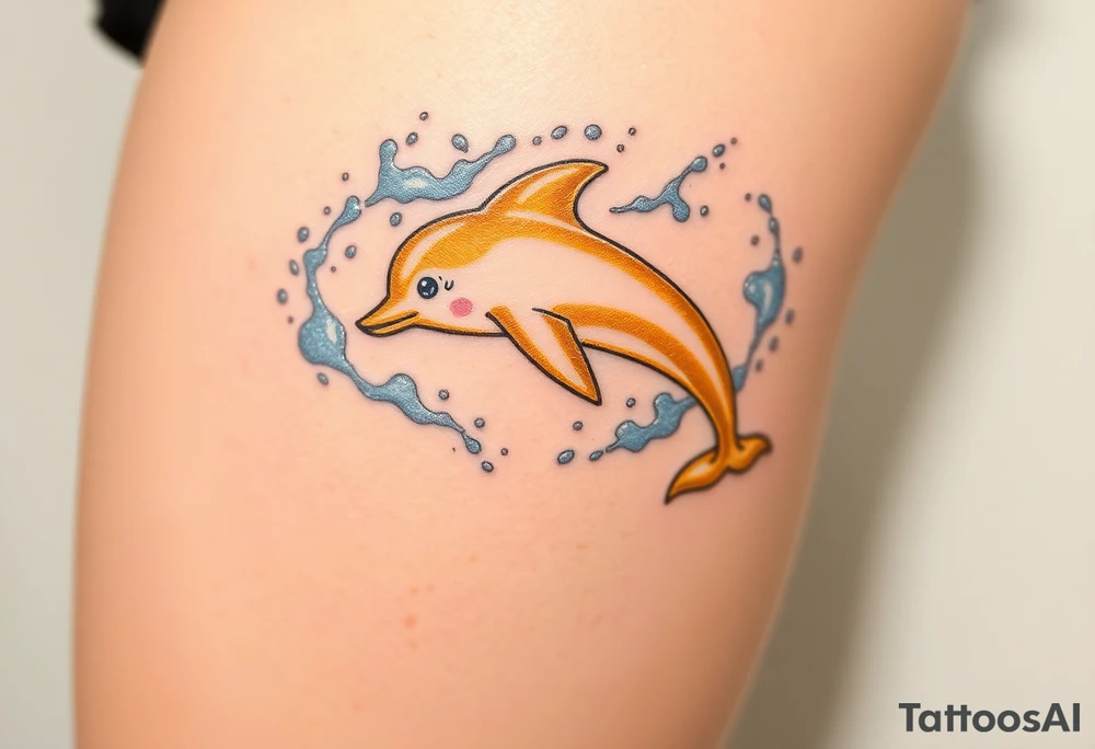 A golden dolphin silhouette, surrounded by swirling white and silver water splashes tattoo idea