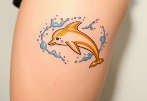 A golden dolphin silhouette, surrounded by swirling white and silver water splashes tattoo idea