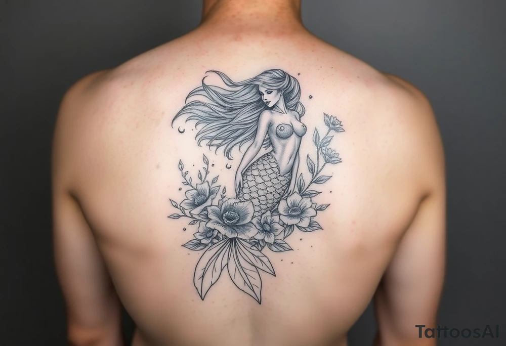ethereal mermaid with flowing hair among coral and sea flowers tattoo idea