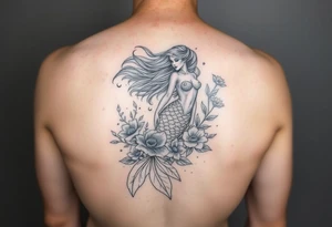 ethereal mermaid with flowing hair among coral and sea flowers tattoo idea