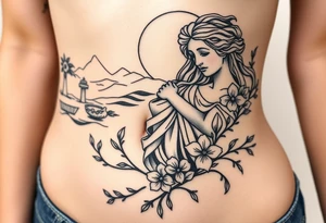 large tattoo that includes greek themed scenery and a greek goddess and also features lily flowers and dainty vines tattoo idea