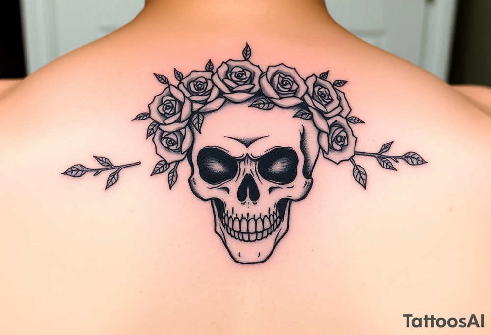 ornate skull adorned with crown of wild roses and thorns tattoo idea