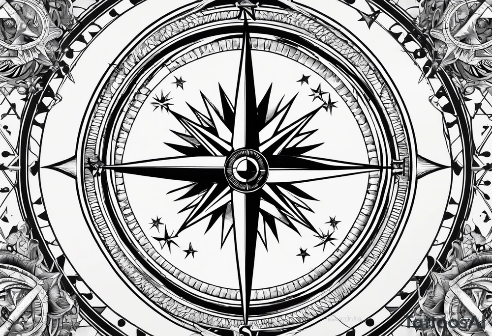 Simple Nautical compass with New Zealand map outline behind it and southern cross tattoo idea