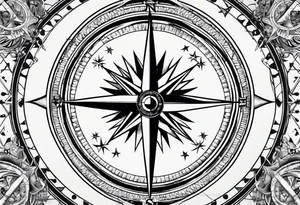 Simple Nautical compass with New Zealand map outline behind it and southern cross tattoo idea