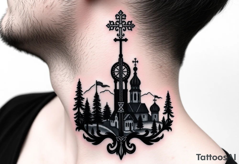Traditional authentic Russian coat of arms with a Christian orthodox virgin marry in the middle and silhouette in a Russian wilderness Christian orthodoxy dome church village setting on the side of my neck tattoo idea