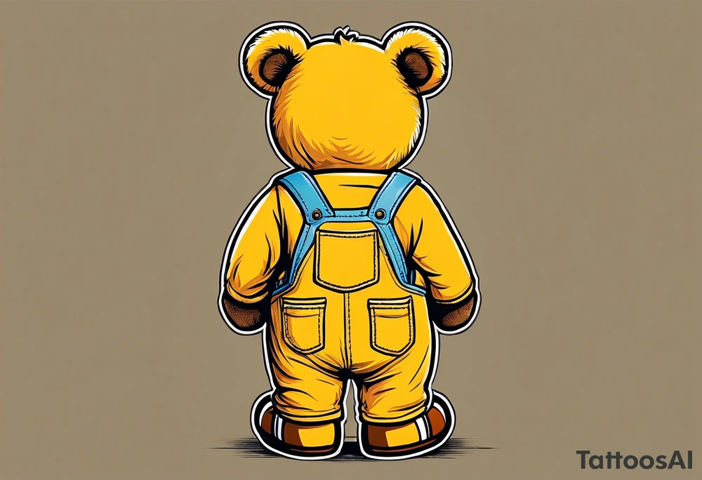 image of the back of a light brown teddy bear standing in yellow overalls, striped tank top and wearing boots and holding the hand of a little girl who is taller than him tattoo idea