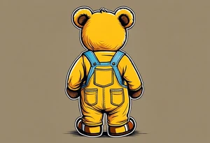 image of the back of a light brown teddy bear standing in yellow overalls, striped tank top and wearing boots and holding the hand of a little girl who is taller than him tattoo idea