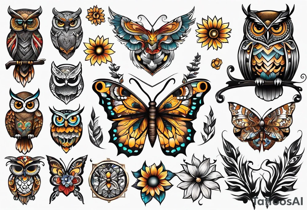 Owl, butterfly and sunflower are sleeve tattoo idea