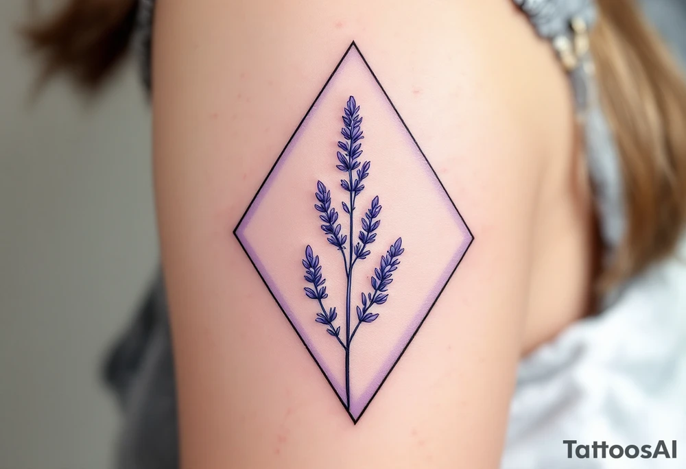 A geometric lavender sprig within a diamond frame, with a gradient from deep violet to soft lilac. tattoo idea