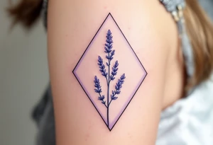 A geometric lavender sprig within a diamond frame, with a gradient from deep violet to soft lilac. tattoo idea