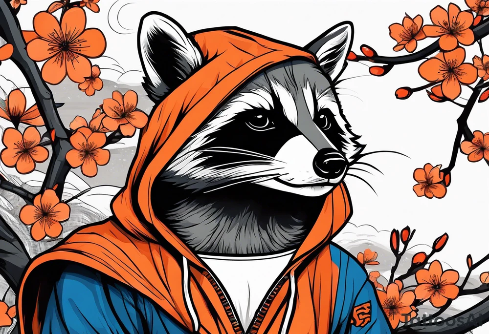 raccoon wearing a black and white Superman hoodie and orange Japanese cherry blossoms tattoo idea