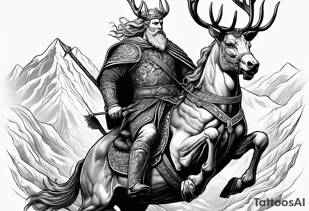 Nordic god Balder riding on a stag with a skull face tattoo idea