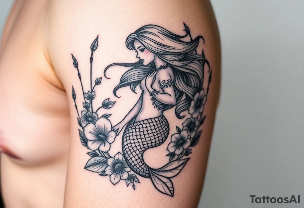 ethereal mermaid with flowing hair among coral and sea flowers tattoo idea