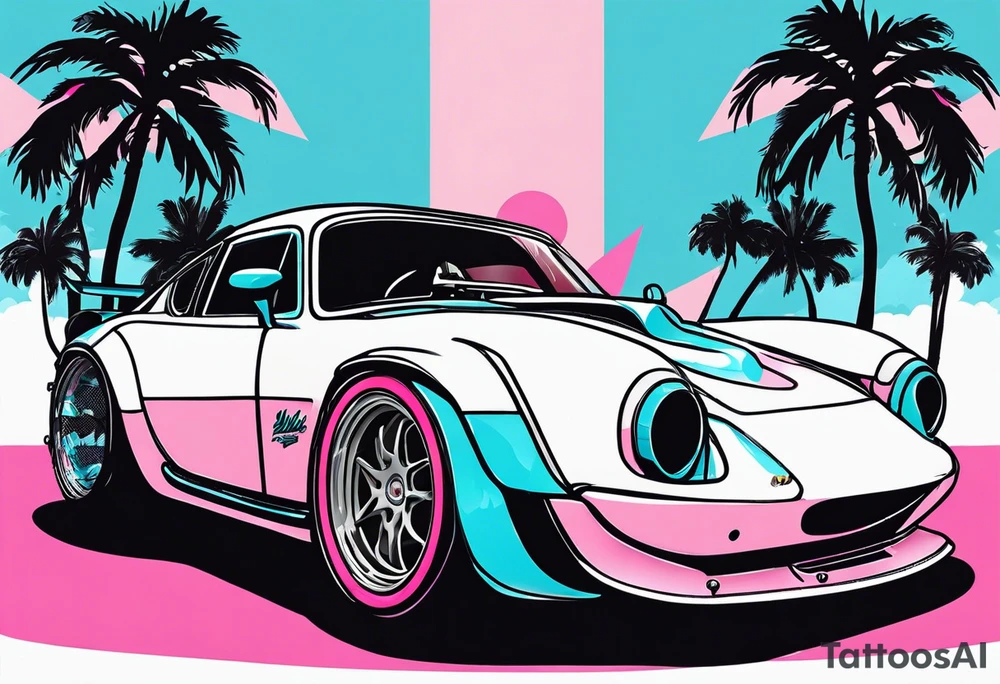 Formula 1 helment with the Miami name a palm tree and light blue black and pink colors tattoo idea