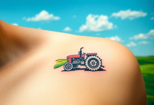 A tractor surrounded by rolling green hills, under a bright blue sky with white fluffy clouds tattoo idea