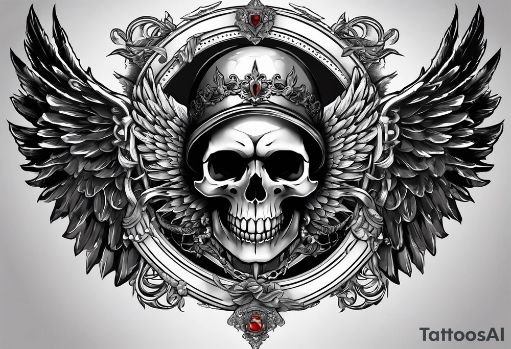 In the center is a half skull pierced by a large sword. On either side of the skull, there are spread angel wings, Beneath the skull is a ribbon tattoo idea