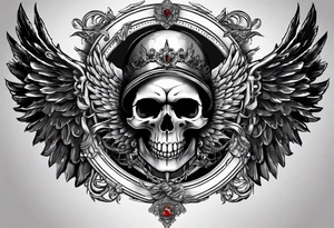 In the center is a half skull pierced by a large sword. On either side of the skull, there are spread angel wings, Beneath the skull is a ribbon tattoo idea