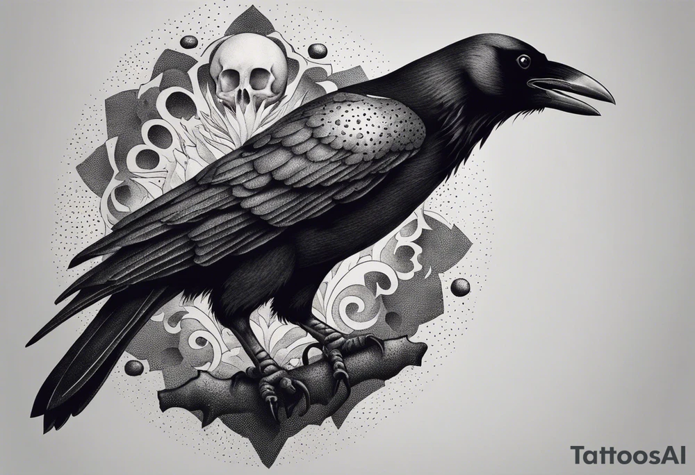standing crow wearing a miniature human skull over it's head tattoo idea