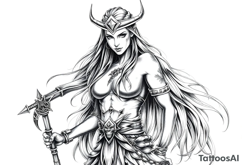 Viking goddess warrior full body sexy long hair tattoo idea