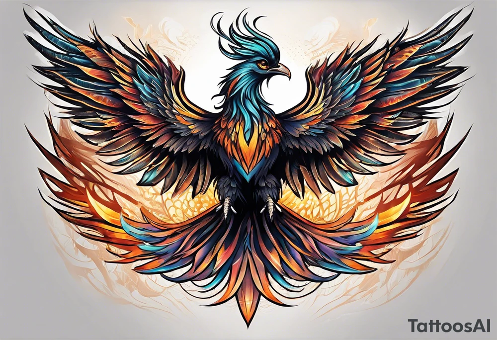 Tattoo: A powerful, majestic phoenix, depicted mid-flight or rising, with wings extended and feathers flowing. Deep shading and intricate details to bring out the texture and motion of the feathers. tattoo idea