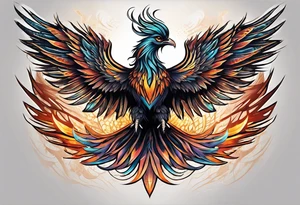 Tattoo: A powerful, majestic phoenix, depicted mid-flight or rising, with wings extended and feathers flowing. Deep shading and intricate details to bring out the texture and motion of the feathers. tattoo idea