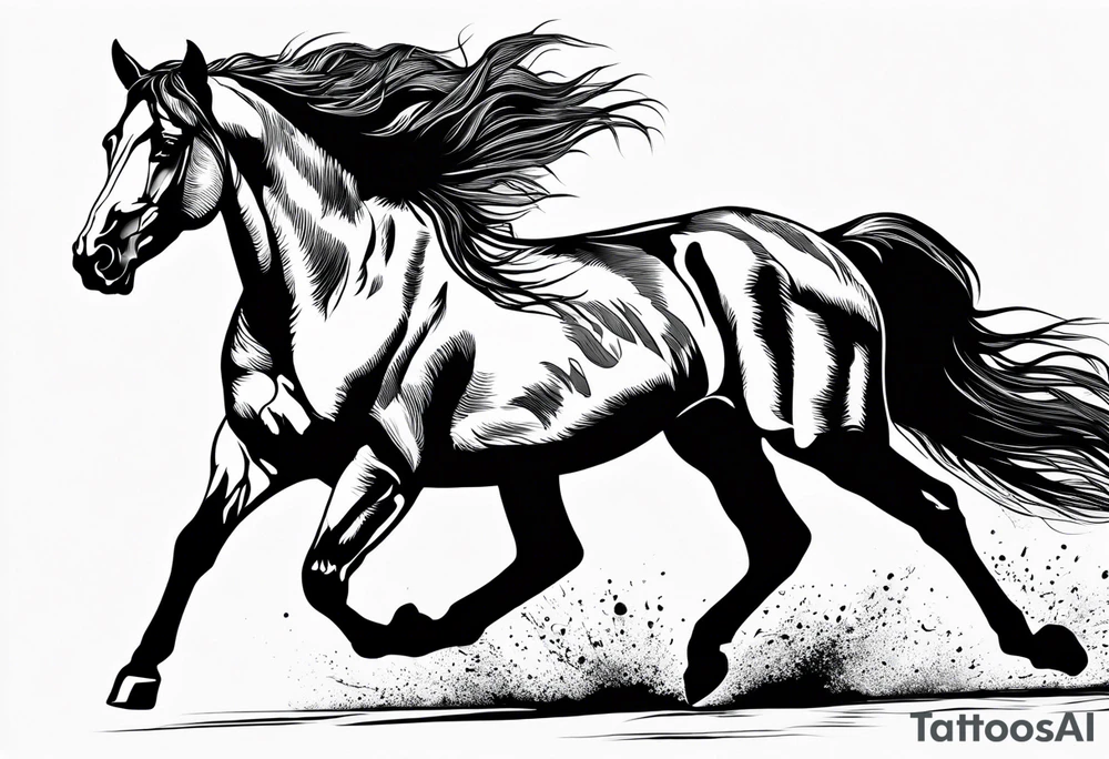 Mustang horse running along blood stomping tattoo idea