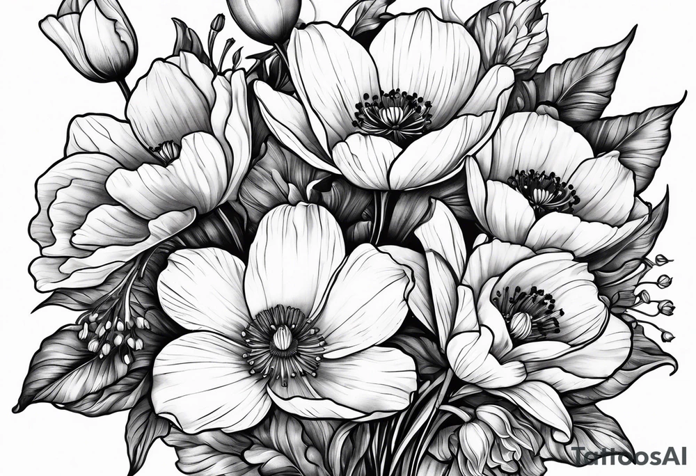 Poppy, water Lilly, Lilly of the valley, daffodil, cosmos bouquet tattoo idea