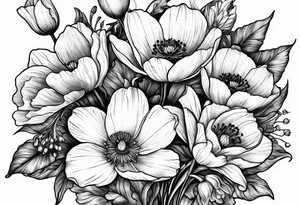 Poppy, water Lilly, Lilly of the valley, daffodil, cosmos bouquet tattoo idea
