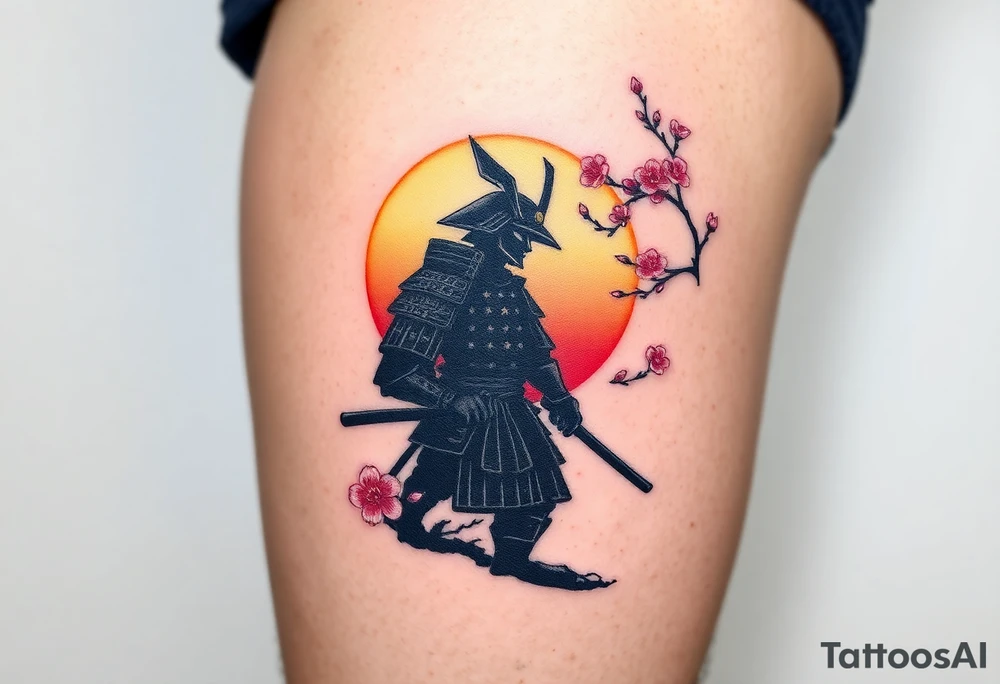 noble samurai warrior silhouette at sunset with cherry blossoms tattoo idea