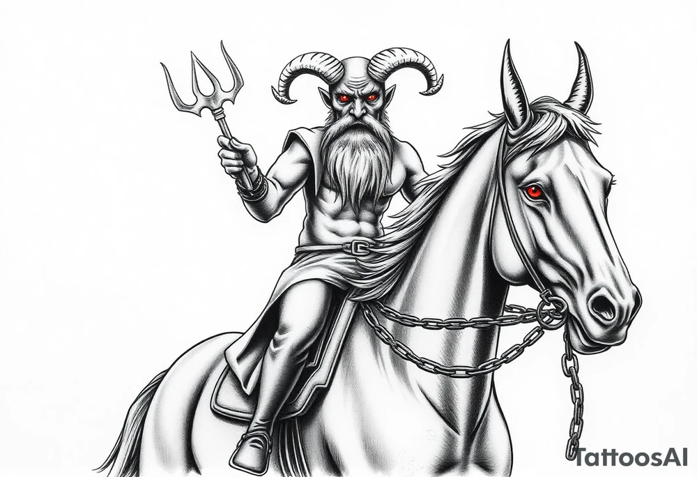 An insanely weird wild crazy man with the biggest eyes I’ve ever seen with a long beard and bald head and goat goats horns riding on the back of a Clydesdale horse holding the devils trident in 1 hand and the other hand holding a chain that’s around the horses neck hanging on as if his life dependent on it the horse having bright red eyes smoke coming out of the nose tattoo idea