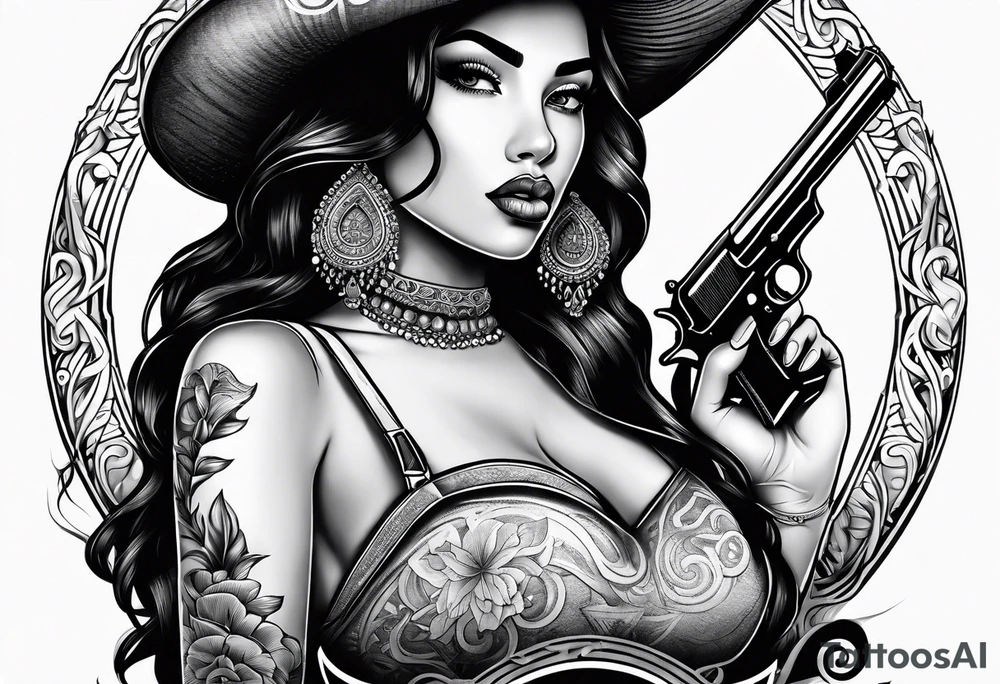 Chicano girl with pistol and smoking a joint tattoo idea