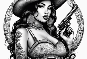 Chicano girl with pistol and smoking a joint tattoo idea