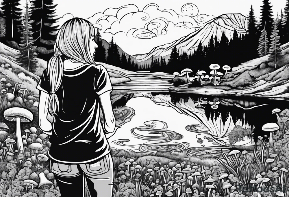 Whole picture encircled fully

Straight long blonde hair hippie girl in distance holding mushrooms in hand facing away toward mountains and creek surrounded by mushrooms tee shirt and hiking pants; whole rendering within a full circle, no cut off circle tattoo idea