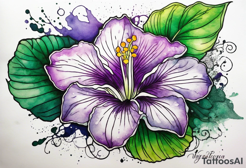 An outline of an only green rio dipladenia flower and a green and purple watercolor splash in the background tattoo idea