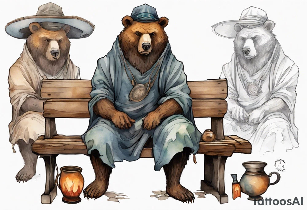 a medieval bear-human hybrid with a long grey beard wearing a tunic and a floppy hat sitting on a bench by a fireplace drinking from a wood cup tattoo idea