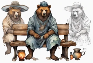 a medieval bear-human hybrid with a long grey beard wearing a tunic and a floppy hat sitting on a bench by a fireplace drinking from a wood cup tattoo idea