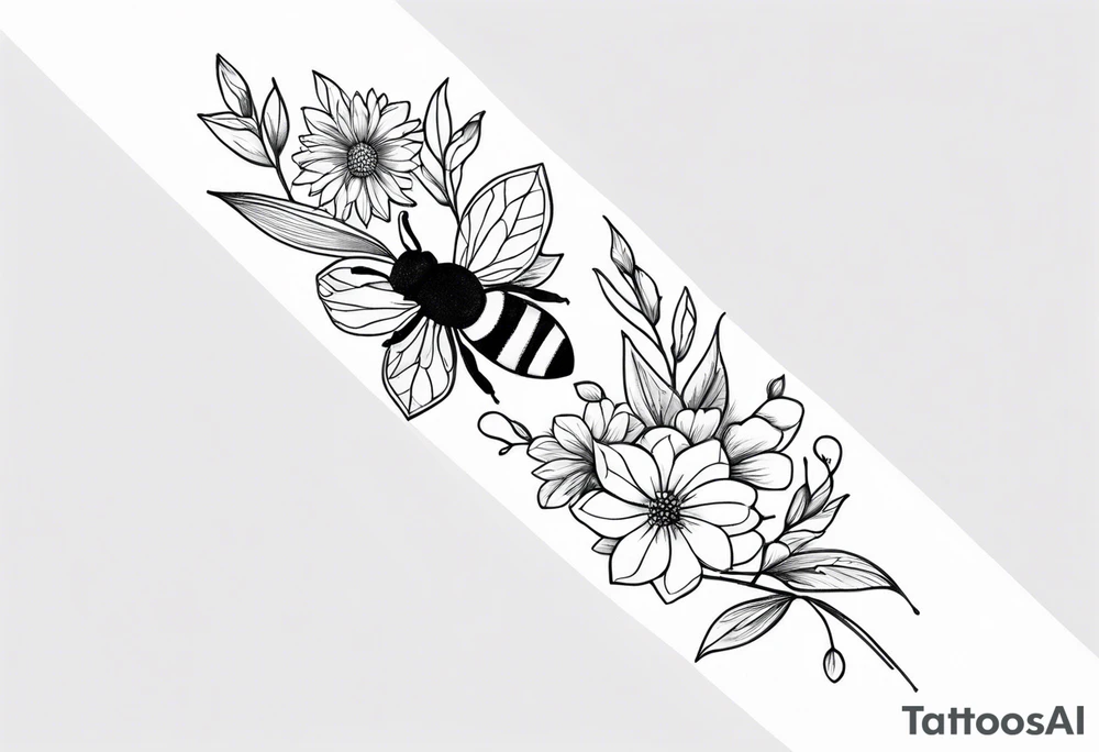 Verticle arm wrap of dainty flowers and leaves with bee forearm tattoo idea