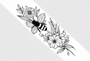 Verticle arm wrap of dainty flowers and leaves with bee forearm tattoo idea