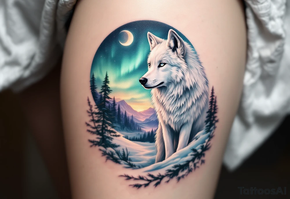 White arctic wolf with piercing blue eyes standing beneath a soft glowing crescent moon, with a northern lights sky in green, purple, and teal. tattoo idea