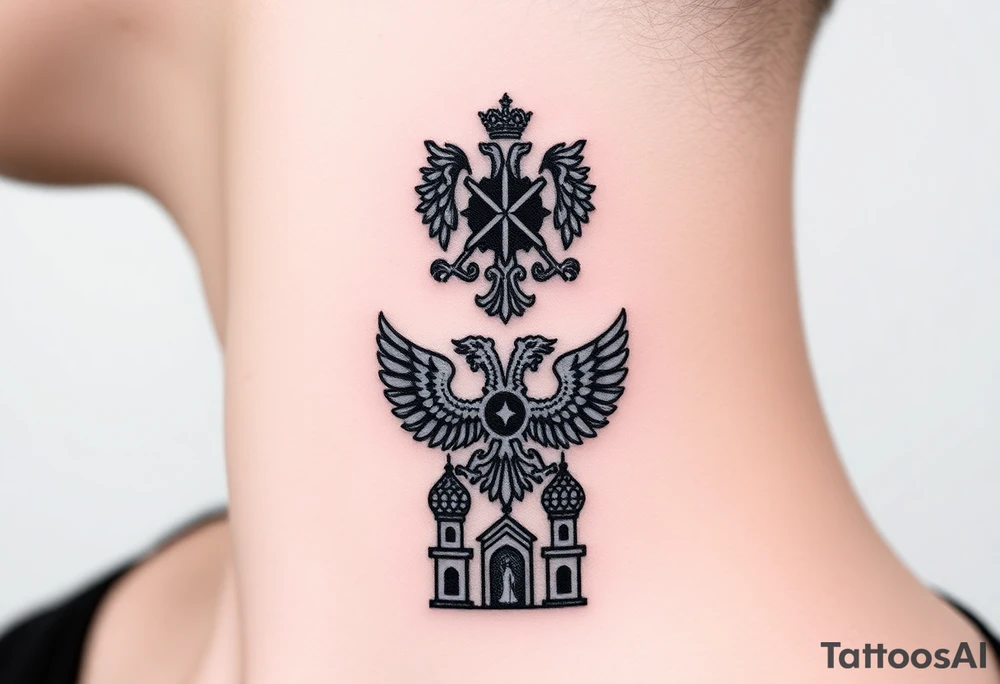 Stacked Vertical Column 

Russian star — small, bold
Middle: Miniature double-headed eagle — simplified, cleaner lines to suit the smaller space
Bottom: Orthodox church dome(s) with a small Virgin Mary silhouette beneath tattoo idea