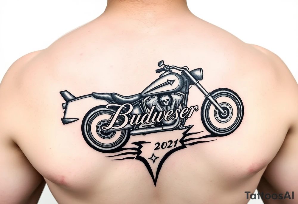 Dale Earnhardt car on it with the year 1958 - 2021 intertwined with a motorcycle with a Budweiser logo on it tattoo idea