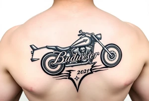 Dale Earnhardt car on it with the year 1958 - 2021 intertwined with a motorcycle with a Budweiser logo on it tattoo idea