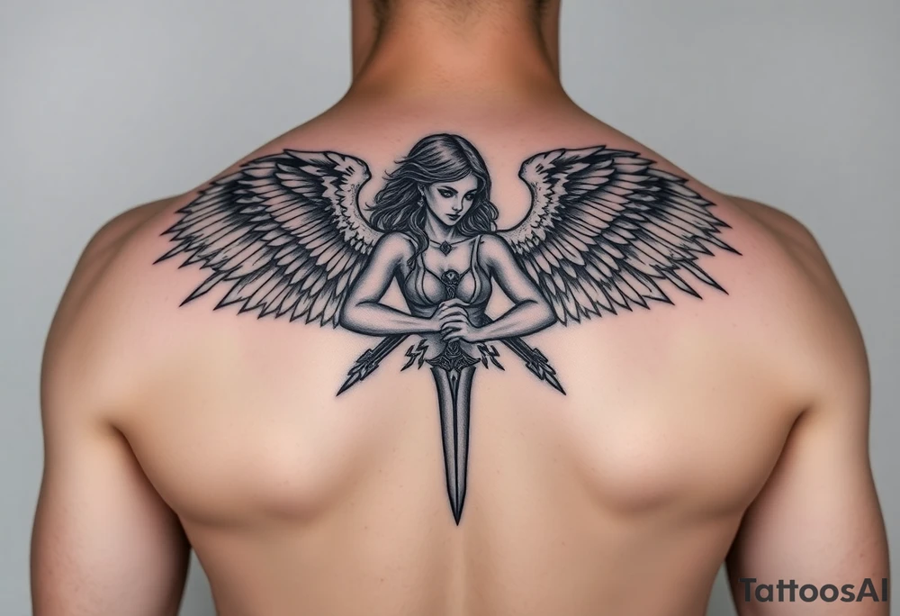 Fierce Female Angel warrior with dagger and lighting bolts going around body Greek mythology style with dark shading tattoo idea