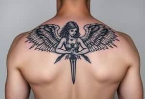 Fierce Female Angel warrior with dagger and lighting bolts going around body Greek mythology style with dark shading tattoo idea