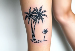 stamp tattoos, palm trees, beach vibe, leg tattoo idea