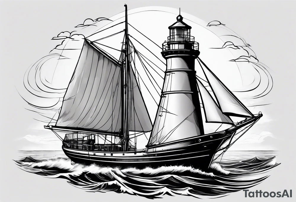 ghost marine lighthouse behind the bow of a sailboat. tattoo idea