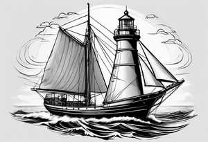 ghost marine lighthouse behind the bow of a sailboat. tattoo idea